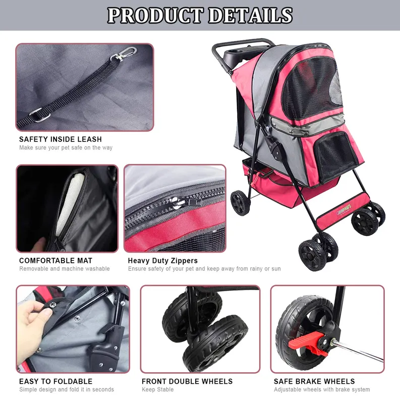 GOOPAWS 4-Wheel Promenade Pet Stroller for Dogs Cats, Safe Brake Wheels Foldable Jogging Stroller with Cup Holder, Storage Basket, Pad, Seat Belt - Image 2