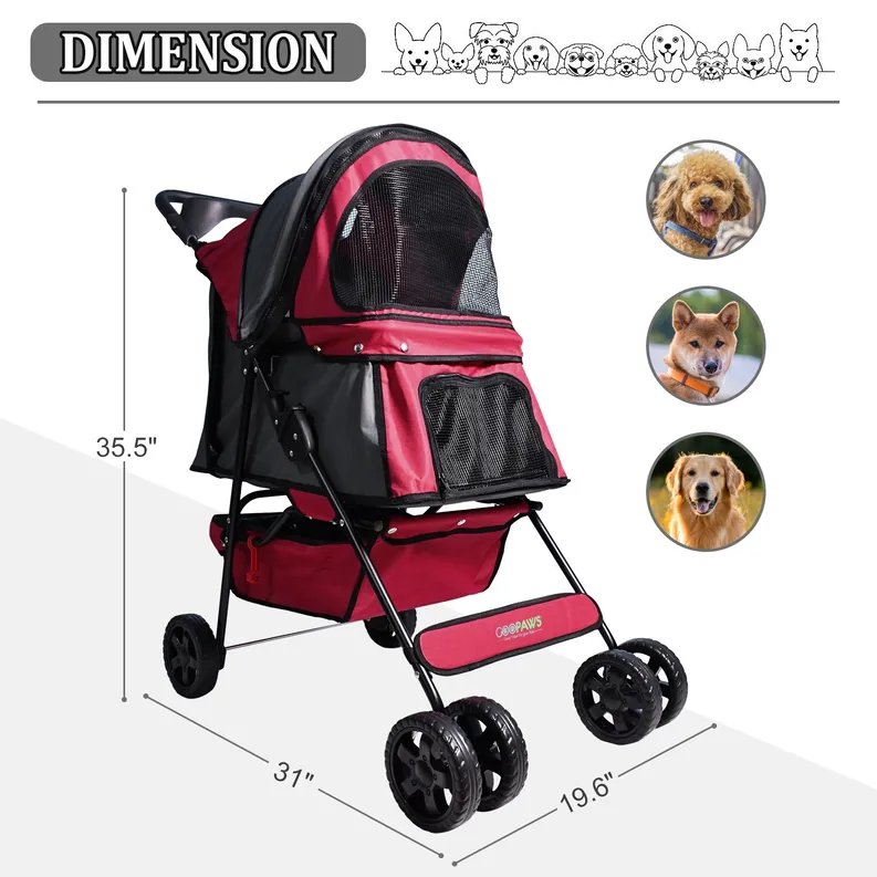 GOOPAWS 4-Wheel Promenade Pet Stroller for Dogs Cats, Safe Brake Wheels Foldable Jogging Stroller with Cup Holder, Storage Basket, Pad, Seat Belt - Image 3