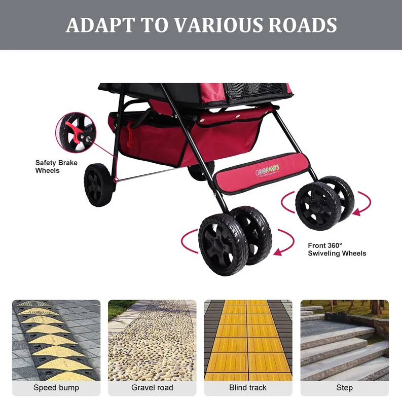GOOPAWS 4-Wheel Promenade Pet Stroller for Dogs Cats, Safe Brake Wheels Foldable Jogging Stroller with Cup Holder, Storage Basket, Pad, Seat Belt - Image 5